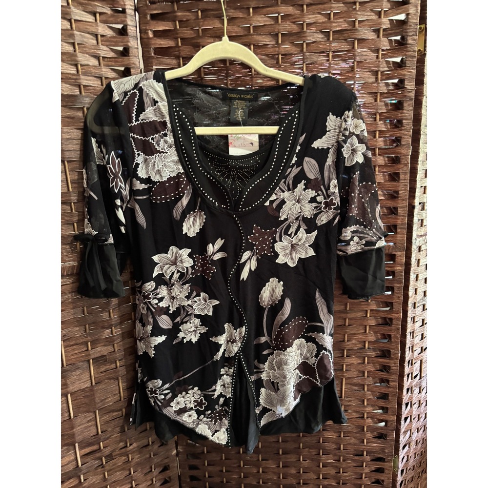 Womens M Medium Blouse Top Y2K Sheer Tie sleeve Whimsy Fairy Fairygoth floral